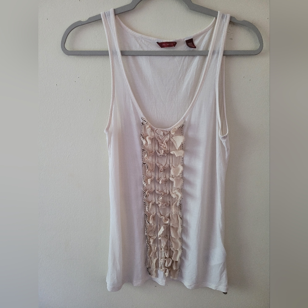 Ted Baker Silk Blend Tank Top Medium Cream Ruffle Y2K Girly Coquette Flowy Boho
